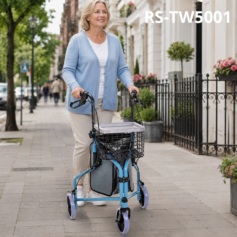 TW5001-B Aluminum Three Wheel Rollator Walker for Elderly Lightweight Foldable Mobility Aid with Basket and Tray