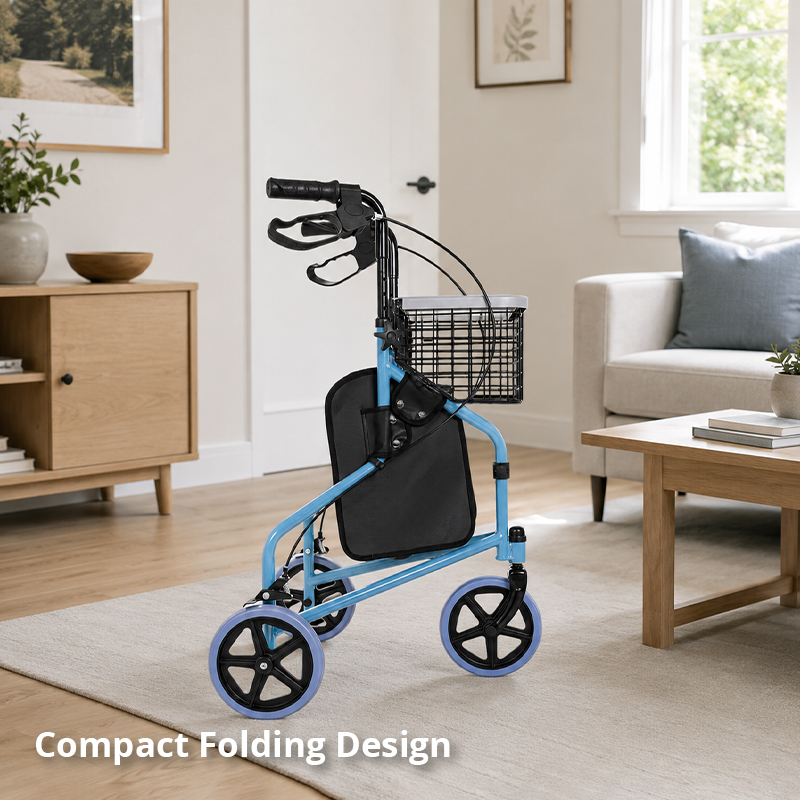 TW5001-B Aluminum Three Wheel Rollator Walker for Elderly Lightweight Foldable Mobility Aid with Basket and Tray