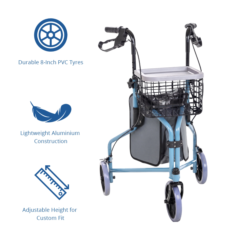 TW5001-B Aluminum Three Wheel Rollator Walker for Elderly Lightweight Foldable Mobility Aid with Basket and Tray