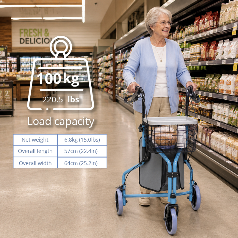 TW5001-B Aluminum Three Wheel Rollator Walker for Elderly Lightweight Foldable Mobility Aid with Basket and Tray