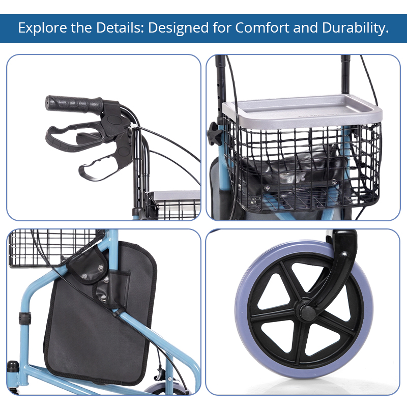 TW5001-B Aluminum Three Wheel Rollator Walker for Elderly Lightweight Foldable Mobility Aid with Basket and Tray