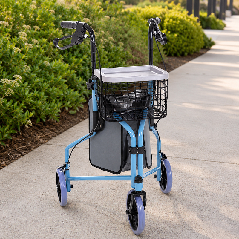 TW5001-B Aluminum Three Wheel Rollator Walker for Elderly Lightweight Foldable Mobility Aid with Basket and Tray