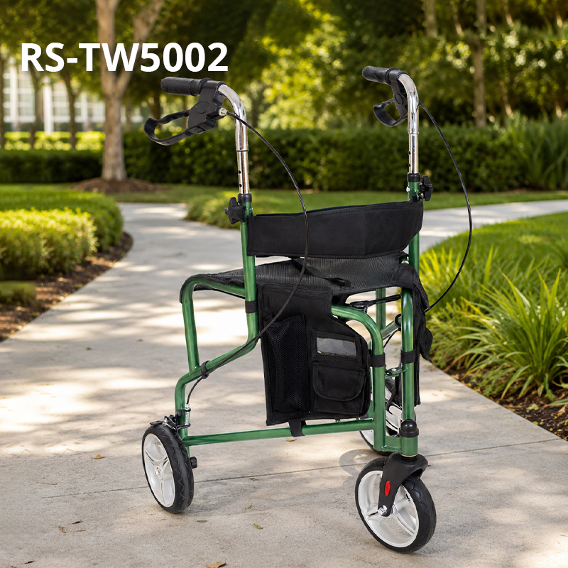 TW5002-G   Stainless Steel Three Wheels Rollator Walker for Elderly Lightweight Foldable Mobility Aid Seat Storage Bag