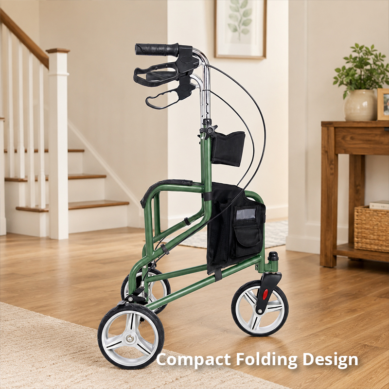 TW5002-B   Stainless Steel Three Wheels Rollator Walker for Elderly Lightweight Foldable Mobility Aid Seat Storage Bag