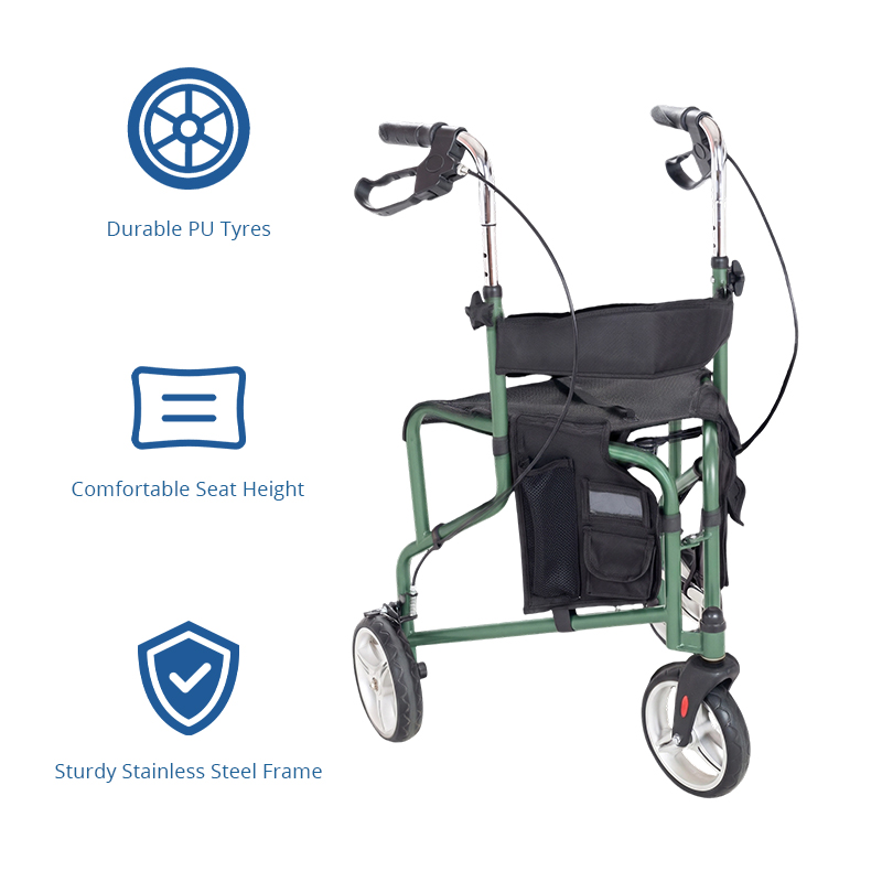 TW5002-G   Stainless Steel Three Wheels Rollator Walker for Elderly Lightweight Foldable Mobility Aid Seat Storage Bag