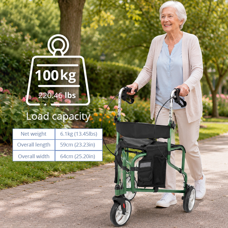 TW5002-G   Stainless Steel Three Wheels Rollator Walker for Elderly Lightweight Foldable Mobility Aid Seat Storage Bag