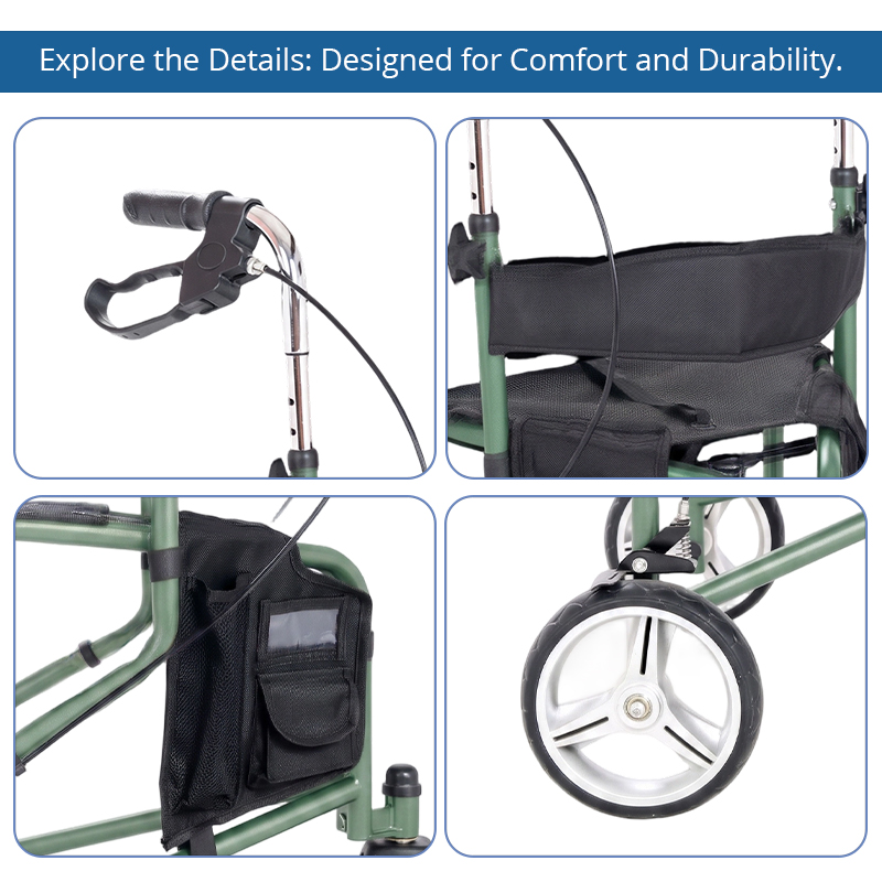 TW5002-G   Stainless Steel Three Wheels Rollator Walker for Elderly Lightweight Foldable Mobility Aid Seat Storage Bag
