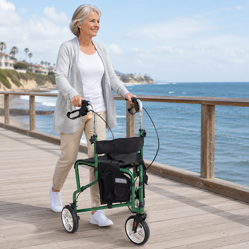 TW5002-G   Stainless Steel Three Wheels Rollator Walker for Elderly Lightweight Foldable Mobility Aid Seat Storage Bag