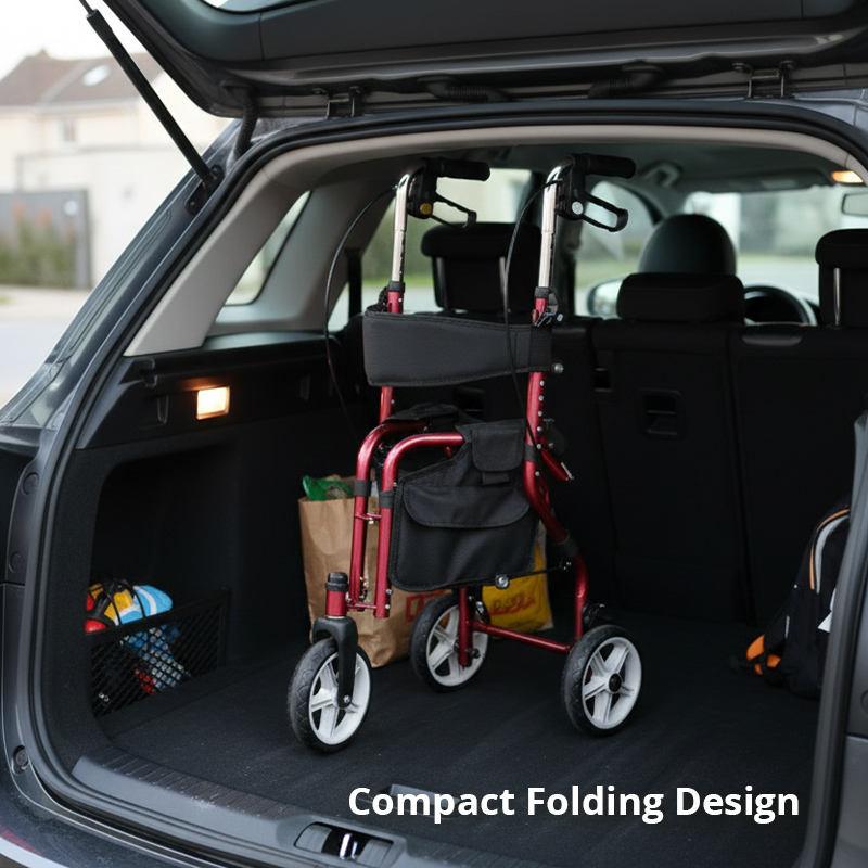 TW5002-R    Stainless Steel Three Wheels Rollator Walker for Elderly Lightweight Foldable Mobility Aid Seat Storage Bag