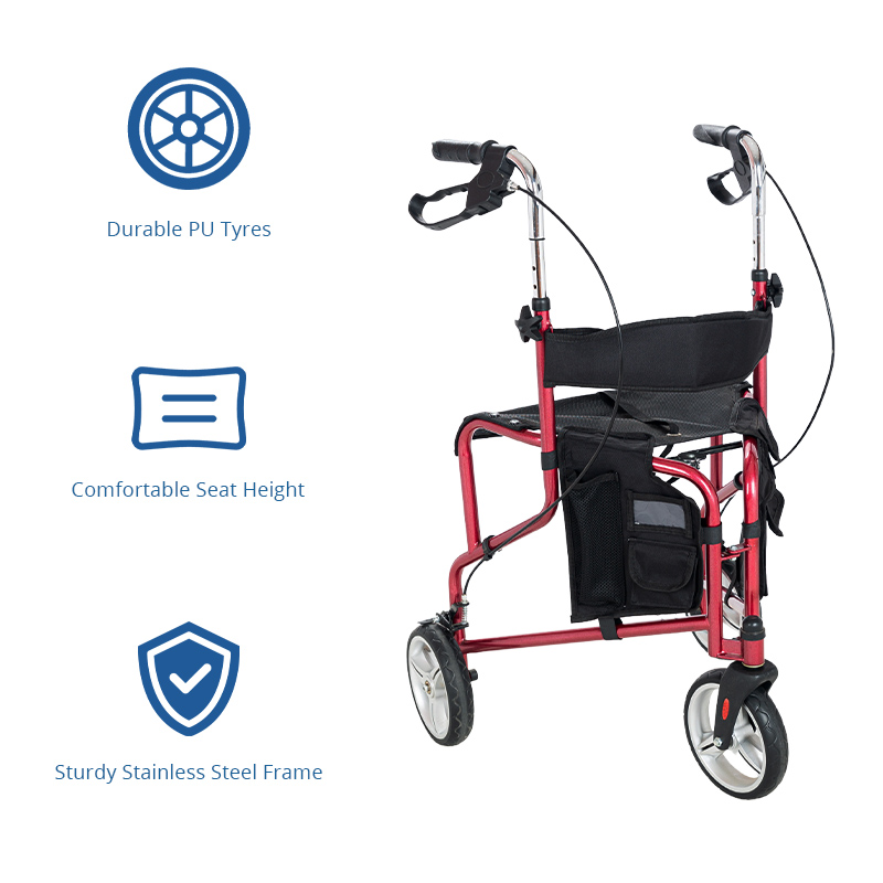 TW5002-R    Stainless Steel Three Wheels Rollator Walker for Elderly Lightweight Foldable Mobility Aid Seat Storage Bag