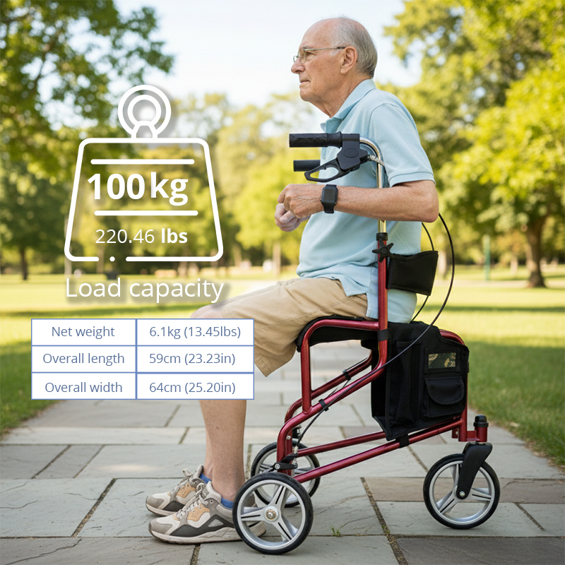 TW5002-R    Stainless Steel Three Wheels Rollator Walker for Elderly Lightweight Foldable Mobility Aid Seat Storage Bag
