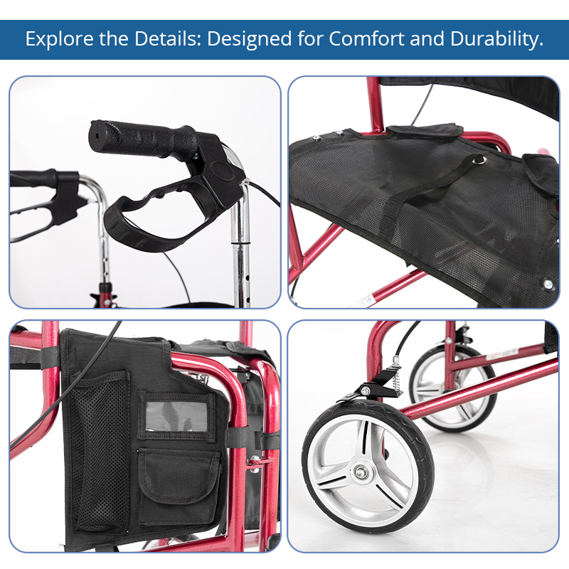 TW5002-R    Stainless Steel Three Wheels Rollator Walker for Elderly Lightweight Foldable Mobility Aid Seat Storage Bag