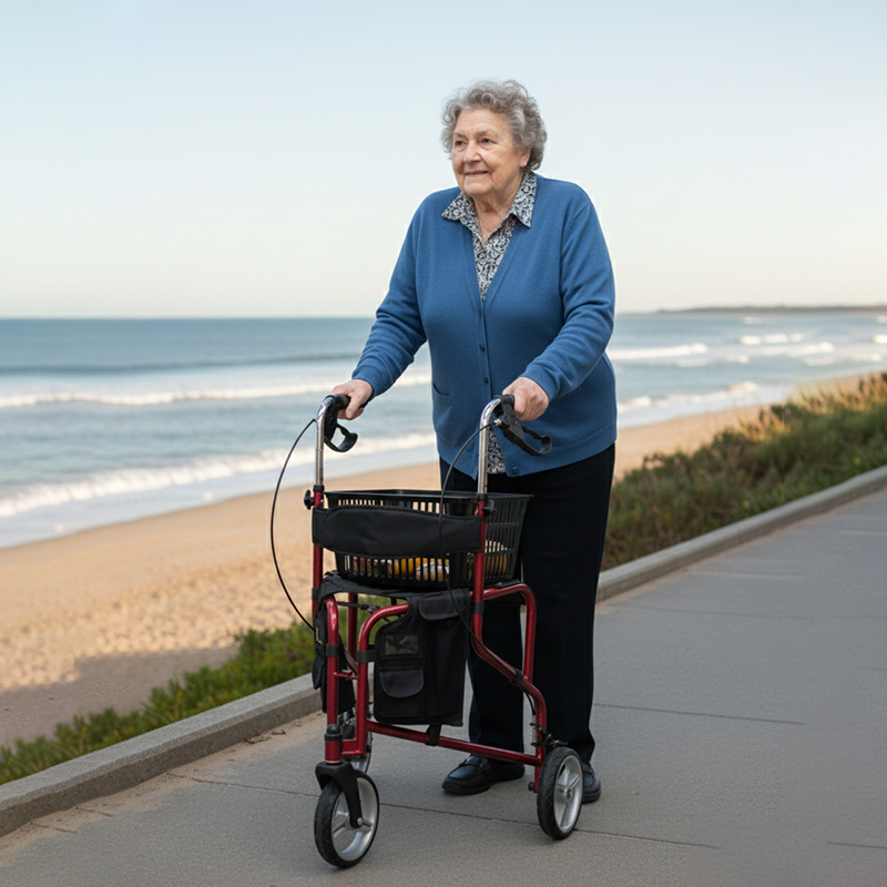 TW5002-R    Stainless Steel Three Wheels Rollator Walker for Elderly Lightweight Foldable Mobility Aid Seat Storage Bag
