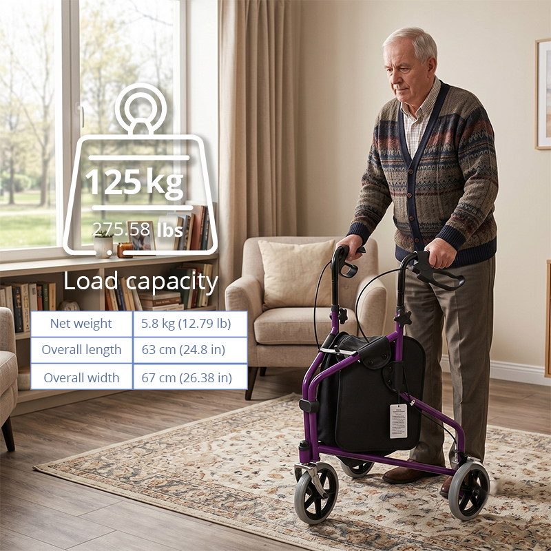 TW5004-P 3-Wheel Rollator Walker for Elderly | Lightweight Aluminium Frame, Foldable, Adjustable Height, Indoor & Outdoor Mobility Aid