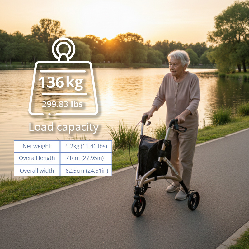 TW5006-R   Three-Wheel Rollator Walker Carbon Steel Elderly Lightweight Durable Mobility Aid Easy Storage Safe Travel Hospital Use Class I