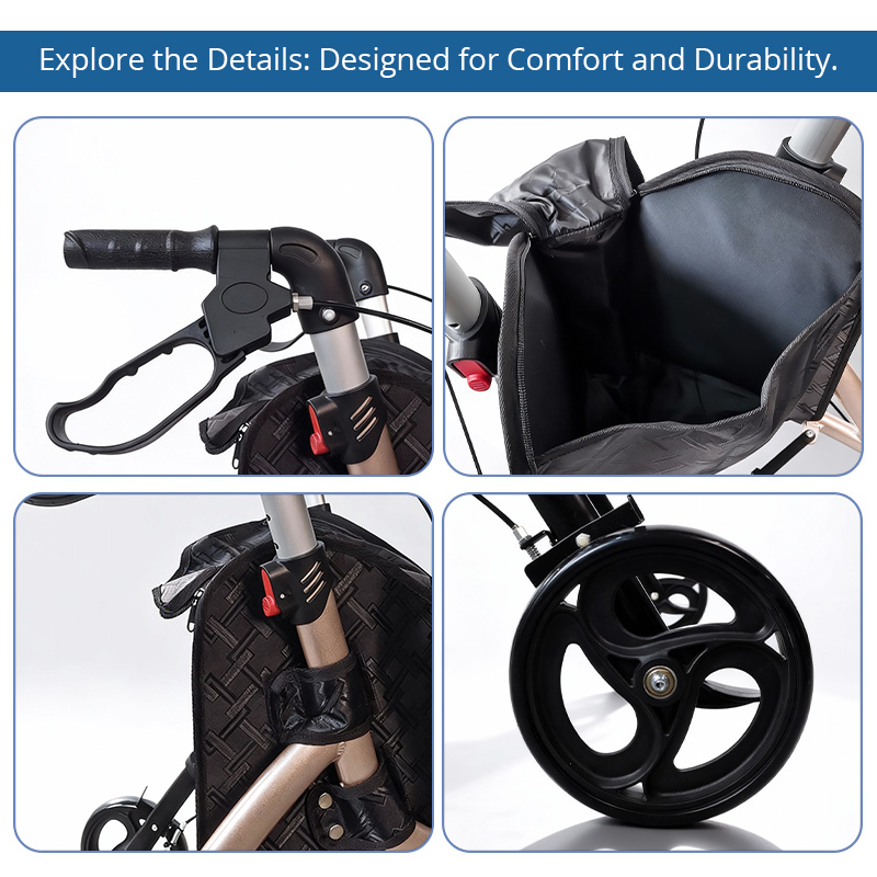 TW5006-R   Three-Wheel Rollator Walker Carbon Steel Elderly Lightweight Durable Mobility Aid Easy Storage Safe Travel Hospital Use Class I