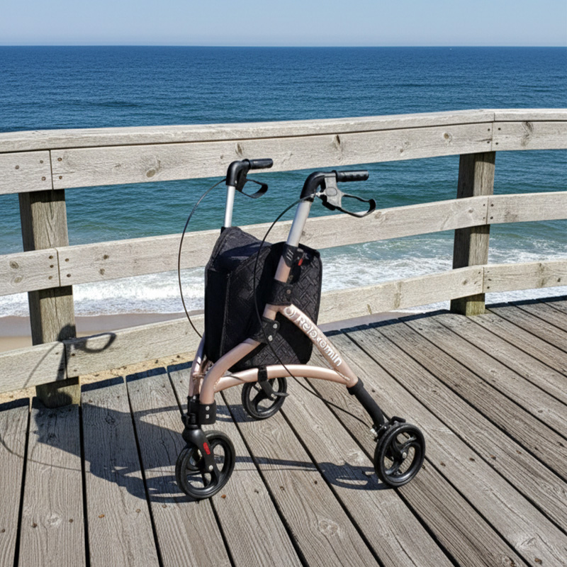 TW5006-R   Three-Wheel Rollator Walker Carbon Steel Elderly Lightweight Durable Mobility Aid Easy Storage Safe Travel Hospital Use Class I