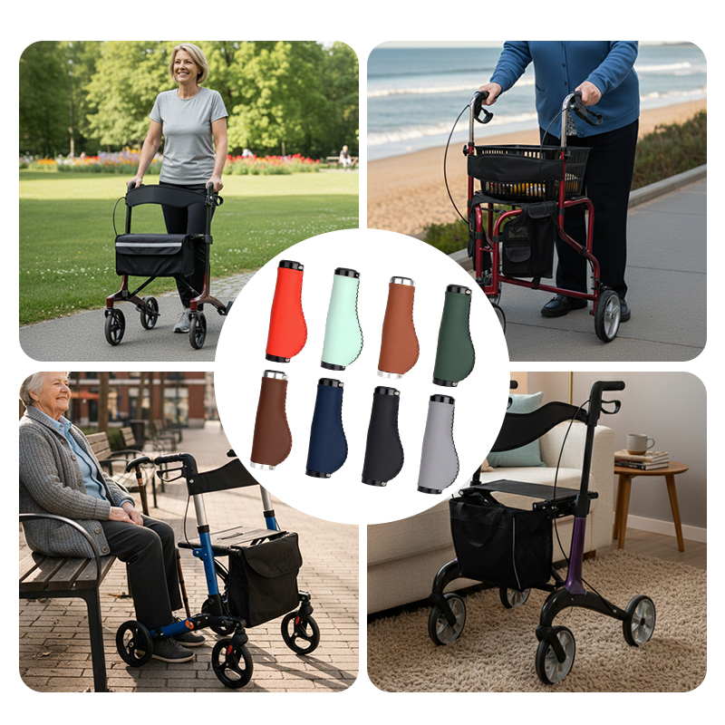 WA81006 Rollator Replacement Handle Grips  PU Leather  Aluminum Alloy Ergonomic Universal Fit Comfortable  Secure for Elderly Walkers