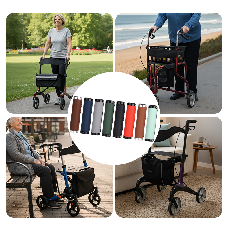 WA81008 Rollator Replacement Handle Grips, PU Leather + Aluminum, Ergonomic, Universal Fit, Multiple Colors
