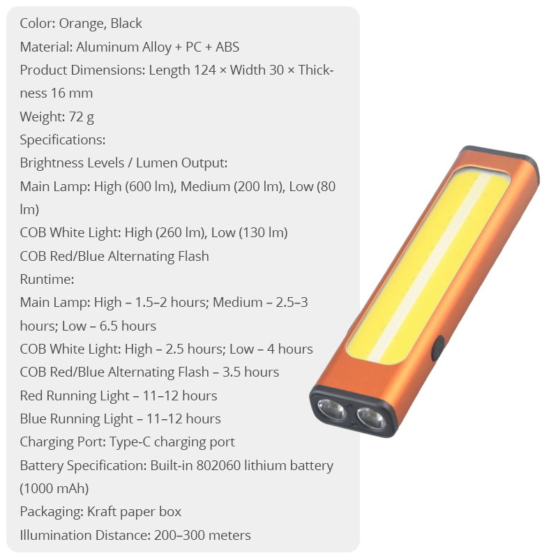 WA6005 Rollator Walker LED Flashlight Accessory USB Rechargeable COB Safety Light for Elderly Mobility Equipment