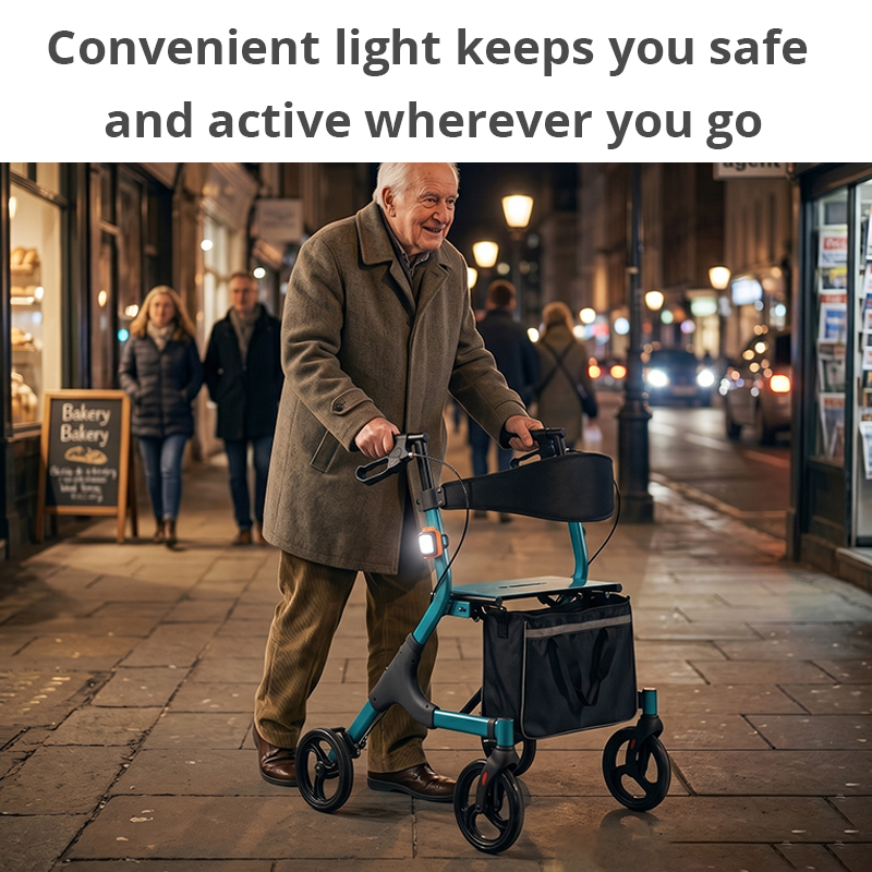 WA86010 Clip-on LED Flashlight for Rollator Walker, Rechargeable Mobility Aid Safety Light, IPX4 Waterproof ABS Silicone, B2B OEM