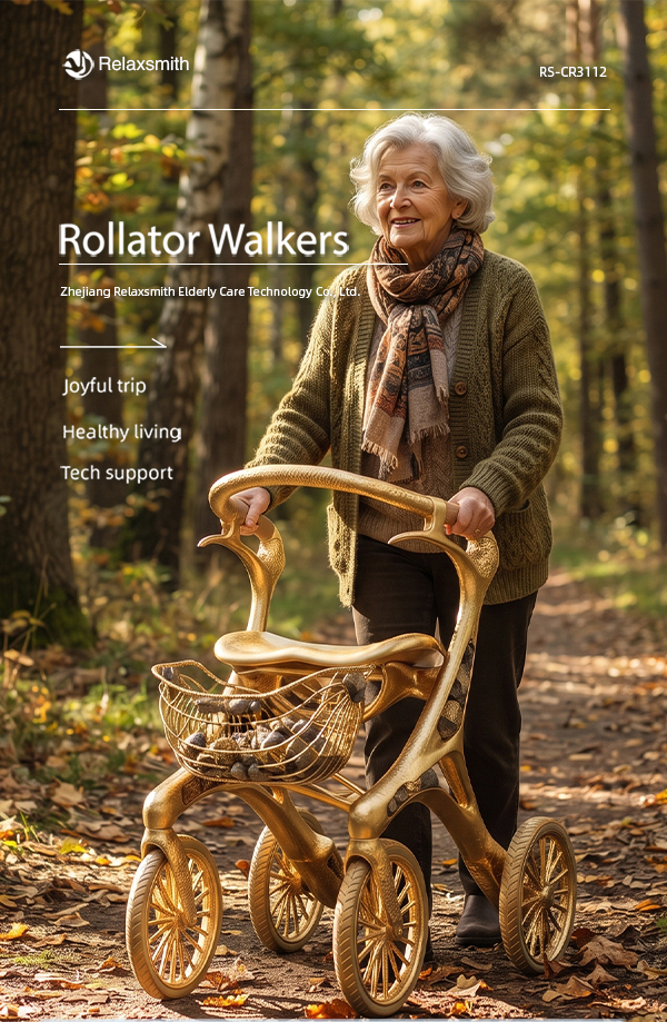 CR3112   New Design Carbon Fibre Rollator Walker Lightweight Foldable Mobility Aid Gold Frame Future Design OEM Supplier for Seniors