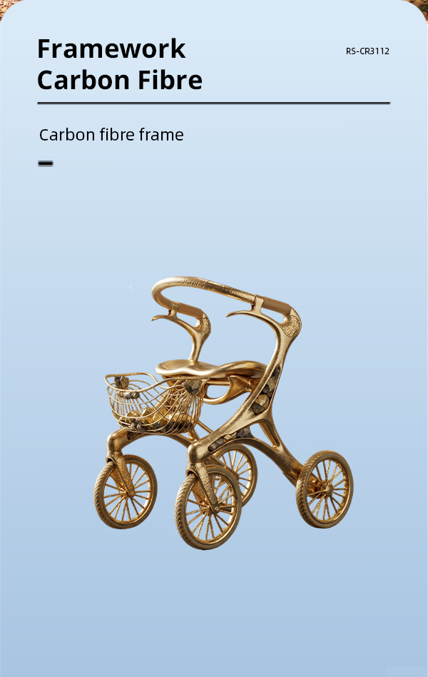 CR3112   New Design Carbon Fibre Rollator Walker Lightweight Foldable Mobility Aid Gold Frame Future Design OEM Supplier for Seniors