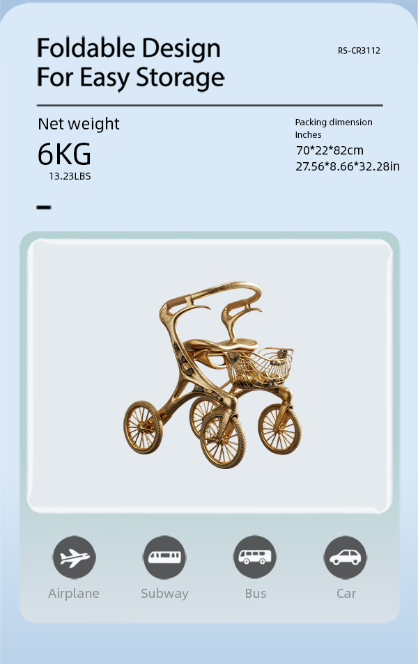 CR3112   New Design Carbon Fibre Rollator Walker Lightweight Foldable Mobility Aid Gold Frame Future Design OEM Supplier for Seniors