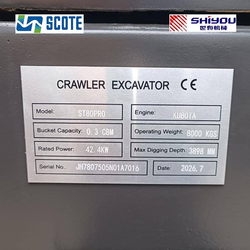 SCOTE ST80 PRO 8-Ton Crawler Excavator Powered by Kubota V2607-T Engine 42.4kw Bucket Capacity 0.3m³