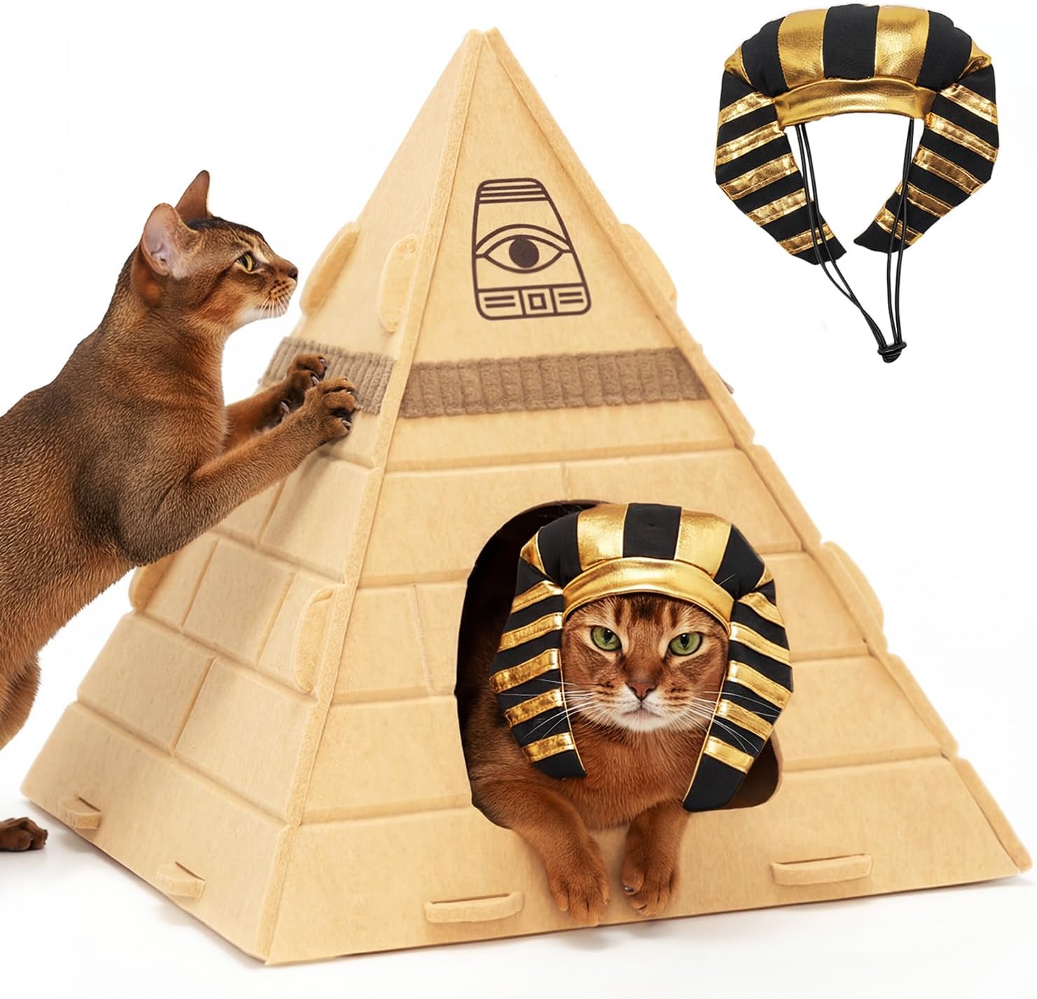 2-in-1 Sustainable Cat House Strong Scratch-Resistant Pharaoh Headdress 17x17x20 Pyramid-Enclosed Hideaway Bed Scratcher Button