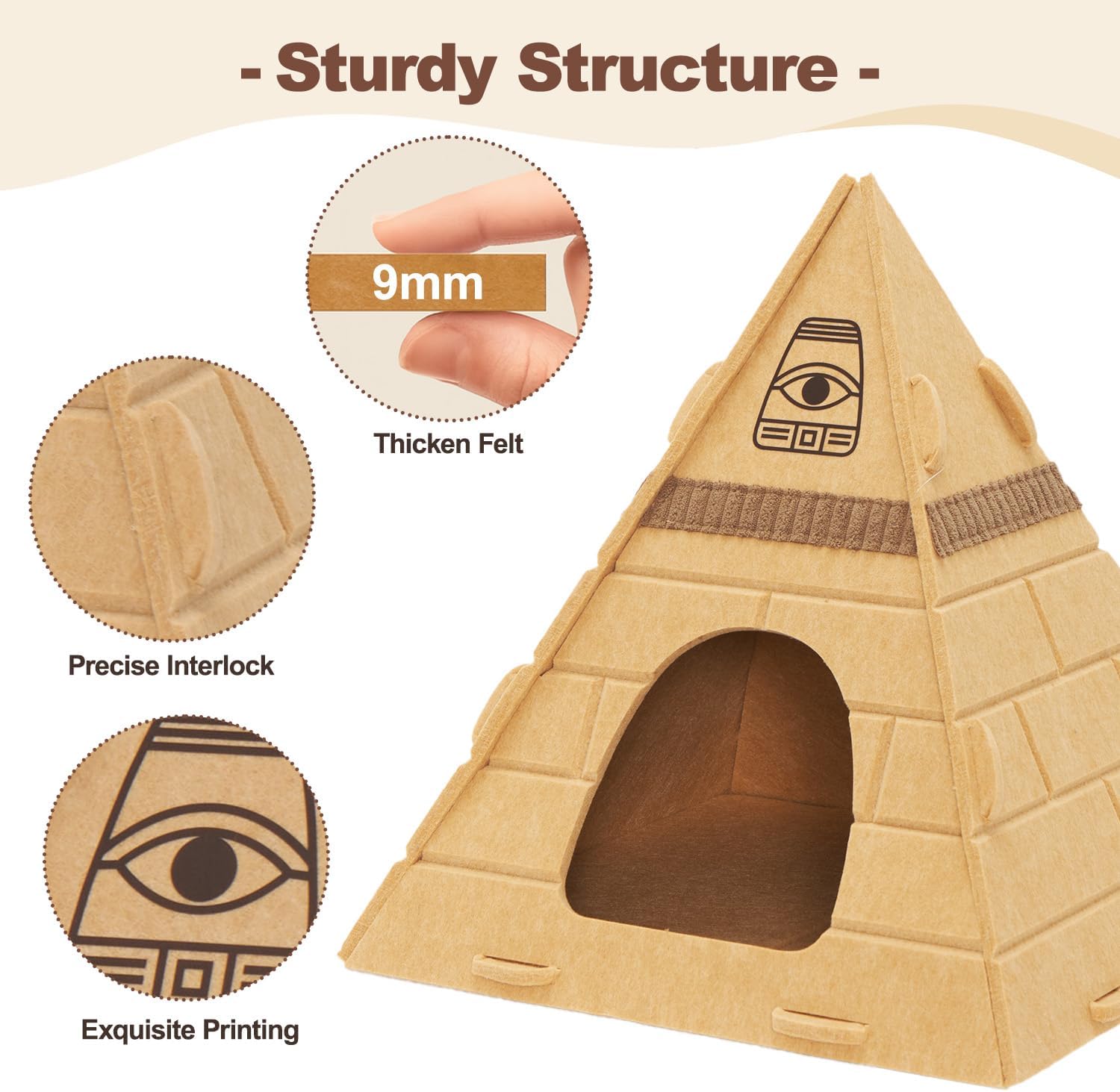 2-in-1 Sustainable Cat House Strong Scratch-Resistant Pharaoh Headdress 17x17x20 Pyramid-Enclosed Hideaway Bed Scratcher Button