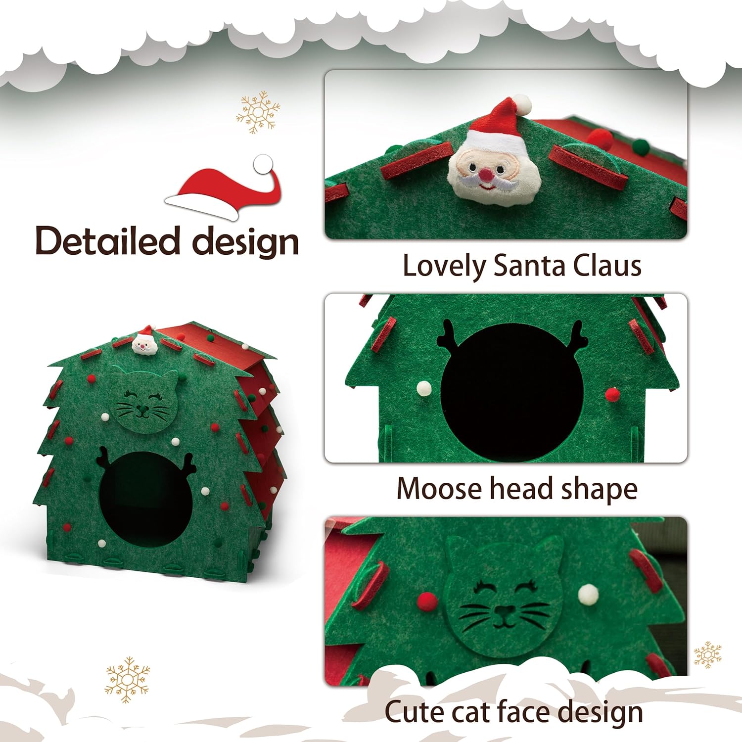 Christmas Cat Bed Wool Removable Cover Eco-Friendly Easy Assembly Indoor Pet House Foldable Design Built-in Scratching Board