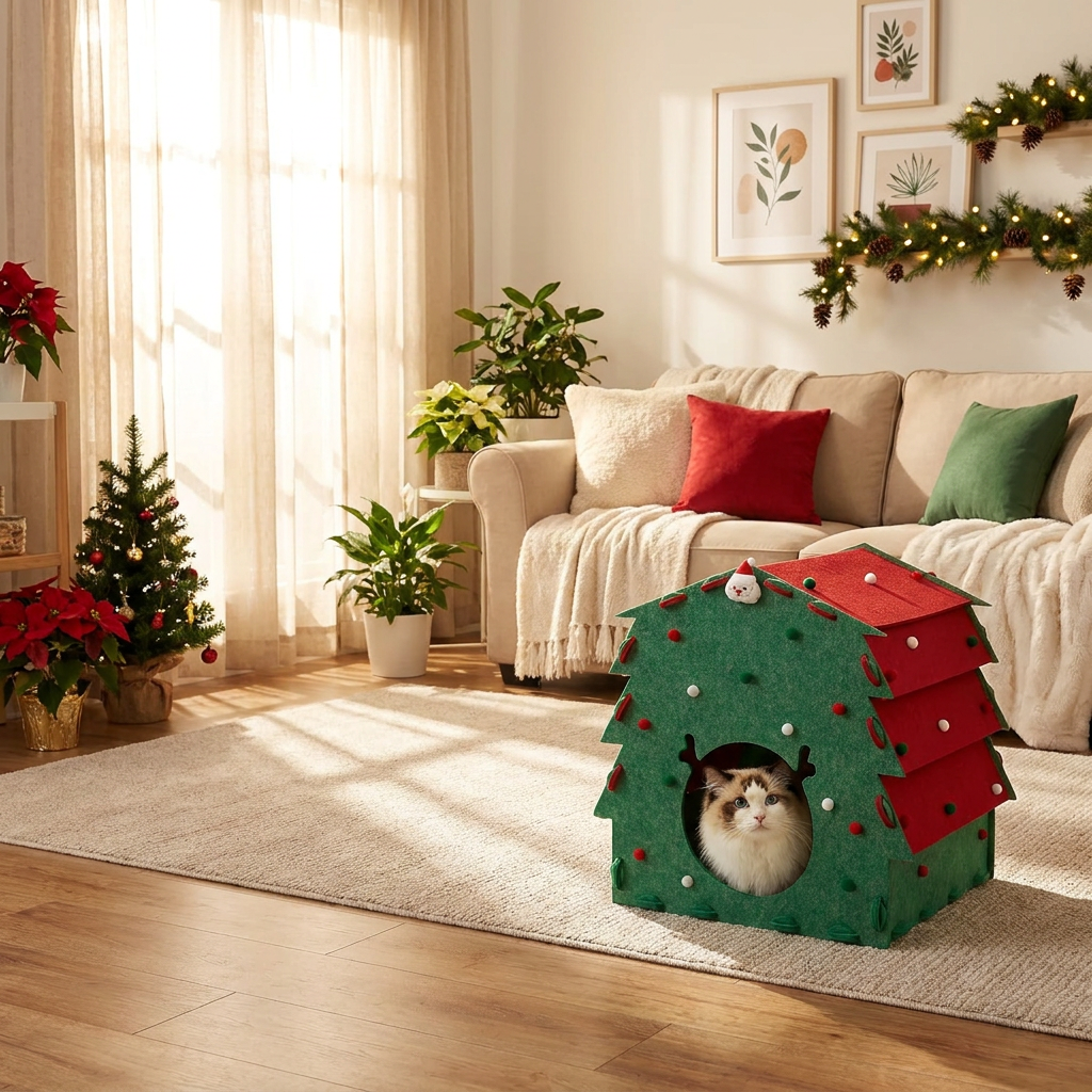 Christmas Cat Bed Wool Removable Cover Eco-Friendly Easy Assembly Indoor Pet House Foldable Design Built-in Scratching Board