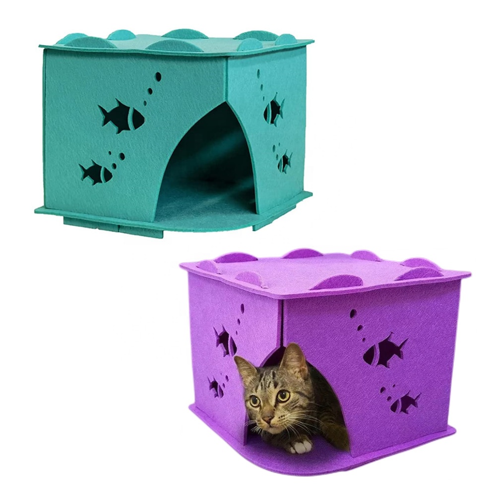 Modern Foldable Cat Hideaway – Cozy Enclosed Felt Cat Cave, Scratch Resistant Indoor Tunnel Bed