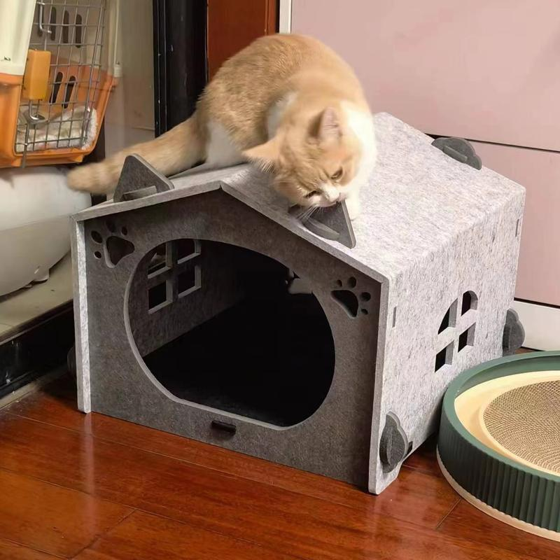 Large Enclosed Cat Bed Cave – Durable Polyester Felt, Foldable & Scratch Resistant for Multi-Cat Homes