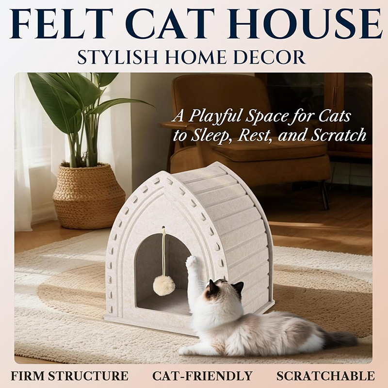 Eco-Friendly Acoustic Felt Cat House – Enclosed Scratch Resistant Cave, Foldable Cozy Bed for Indoor Pets