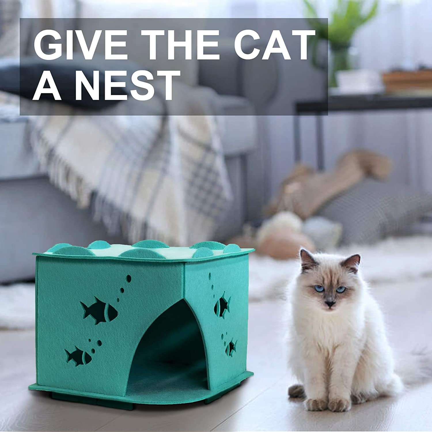 Modern Foldable Cat Hideaway – Cozy Enclosed Felt Cat Cave, Scratch Resistant Indoor Tunnel Bed