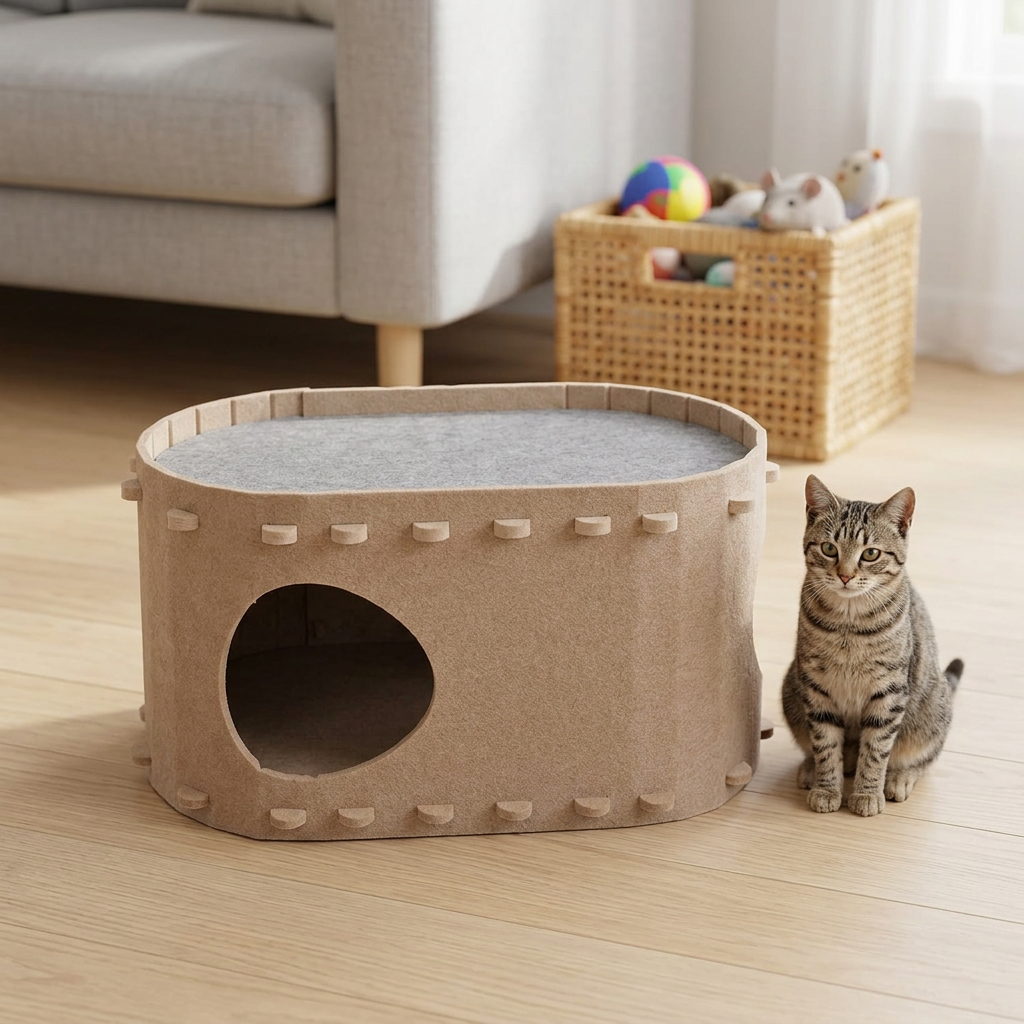 Cozy Polyester Felt Cat Bed & Cave, Scratch Resistant Large Hideaway Tunnel for Indoor Kittens & Pets
