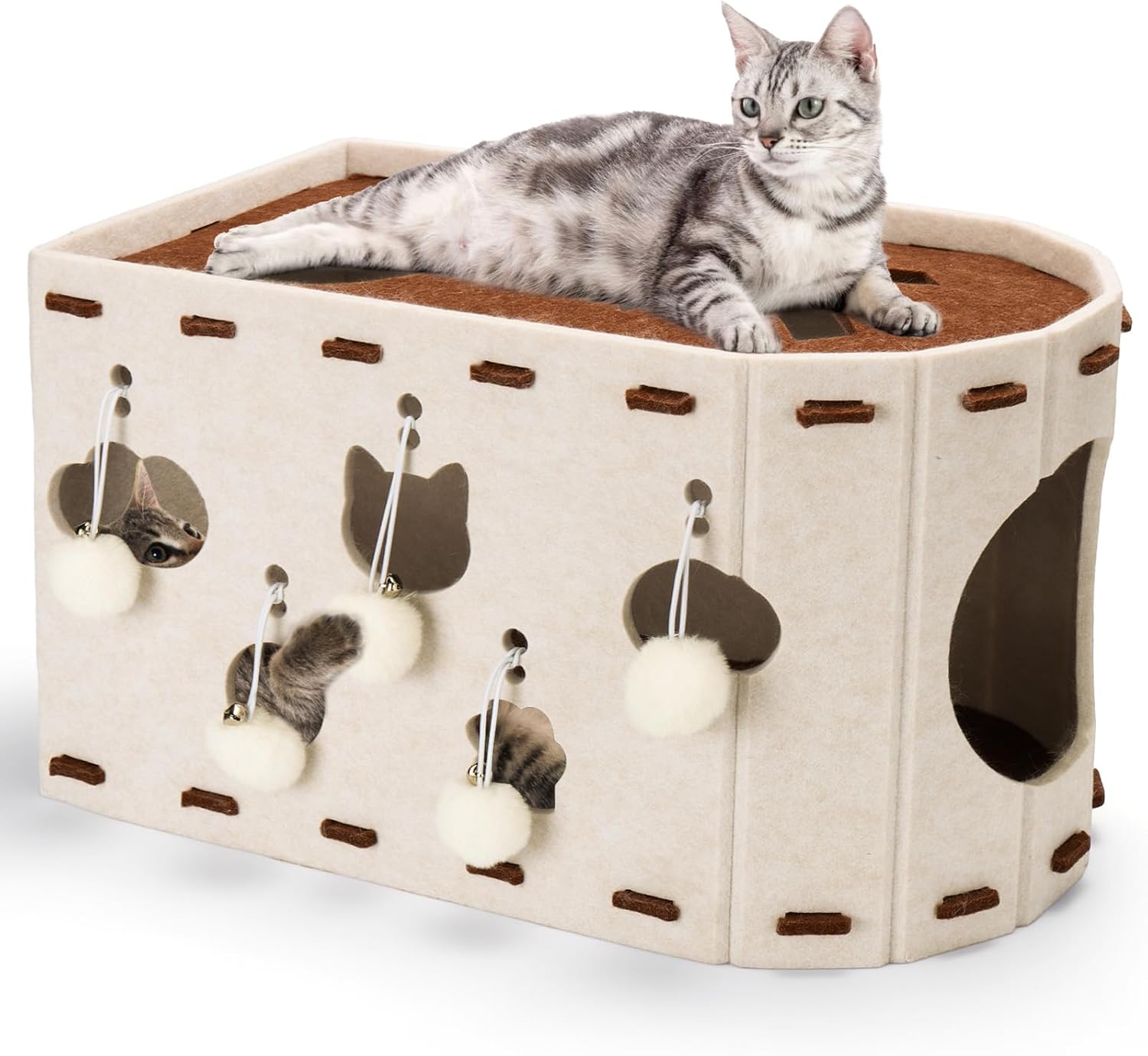 Felt Cat House with Furry Balls - Multi-Functional Cat Scratcher & Toy Box