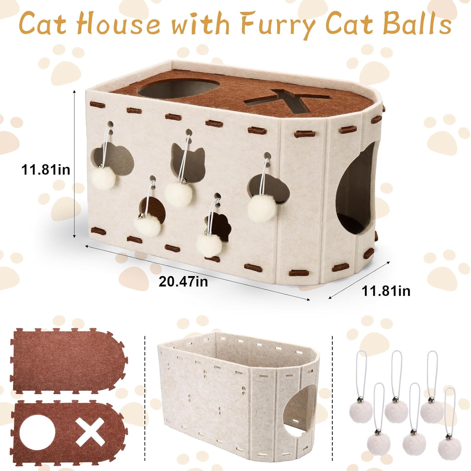 Felt Cat House with Furry Balls - Multi-Functional Cat Scratcher & Toy Box