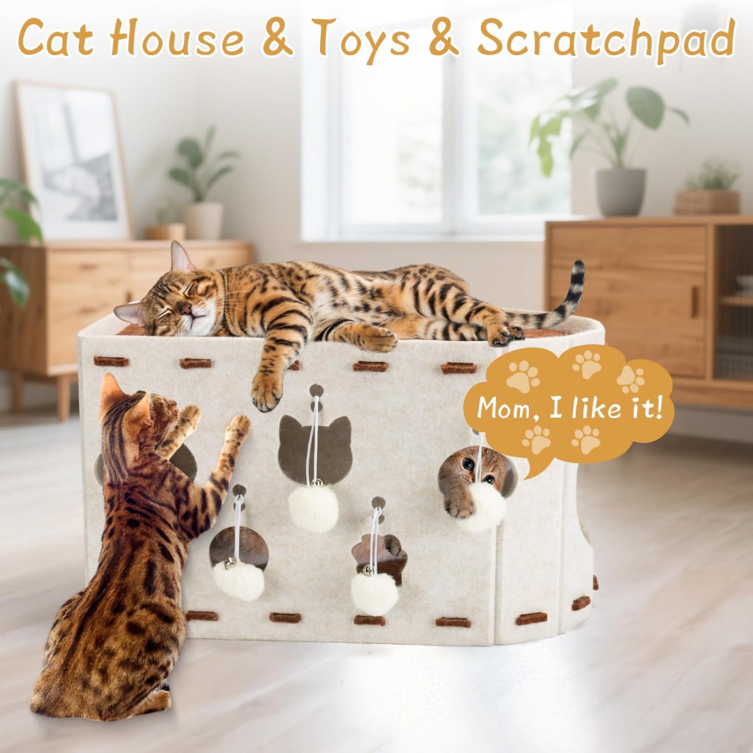 Felt Cat House with Furry Balls - Multi-Functional Cat Scratcher & Toy Box