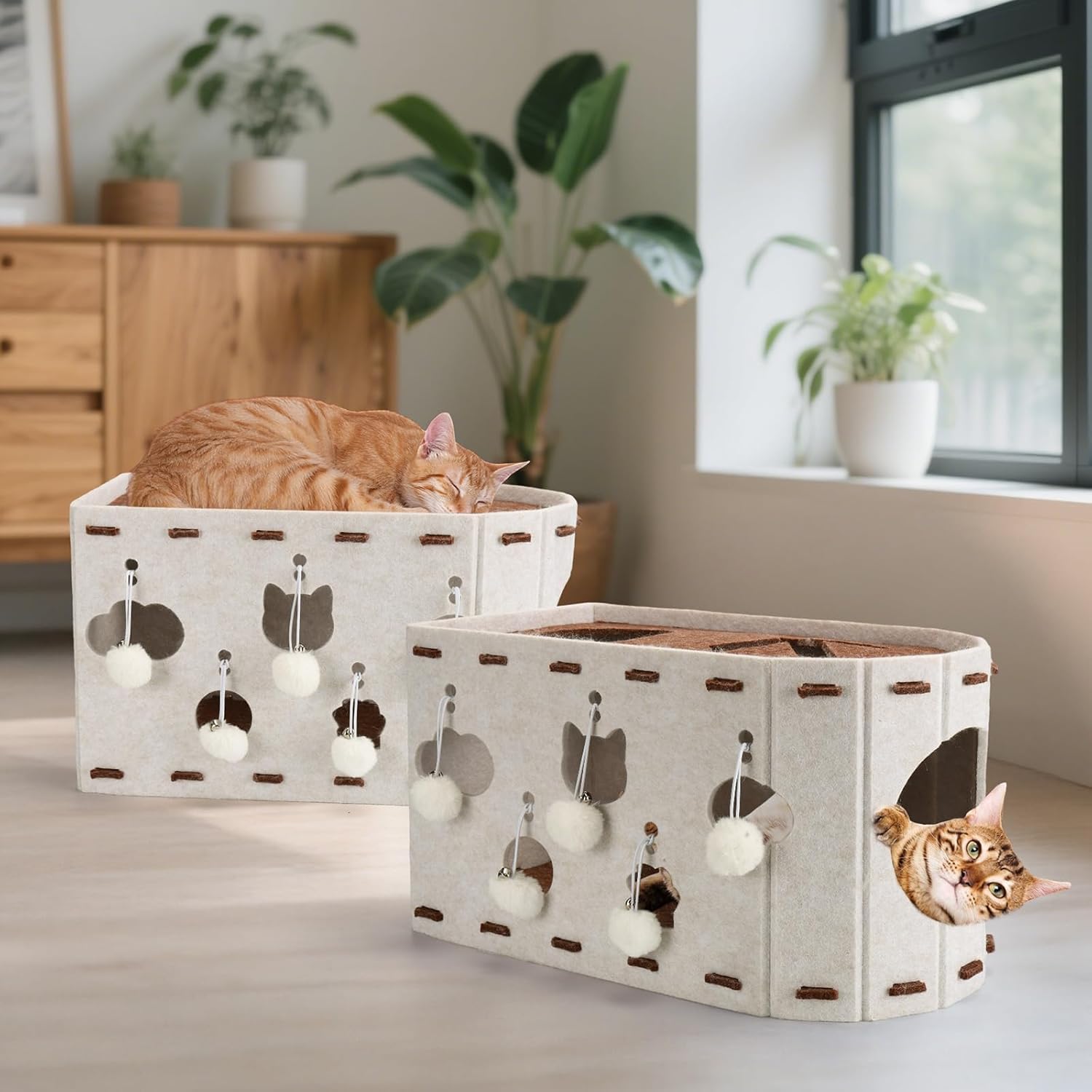 Felt Cat House with Furry Balls - Multi-Functional Cat Scratcher & Toy Box