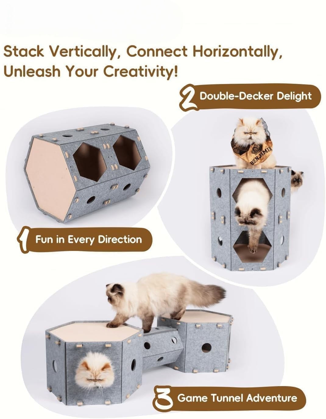 Super Large Multi-Cat Playground - Expandable Hexagon Felt Hideaway & Climbing Tower