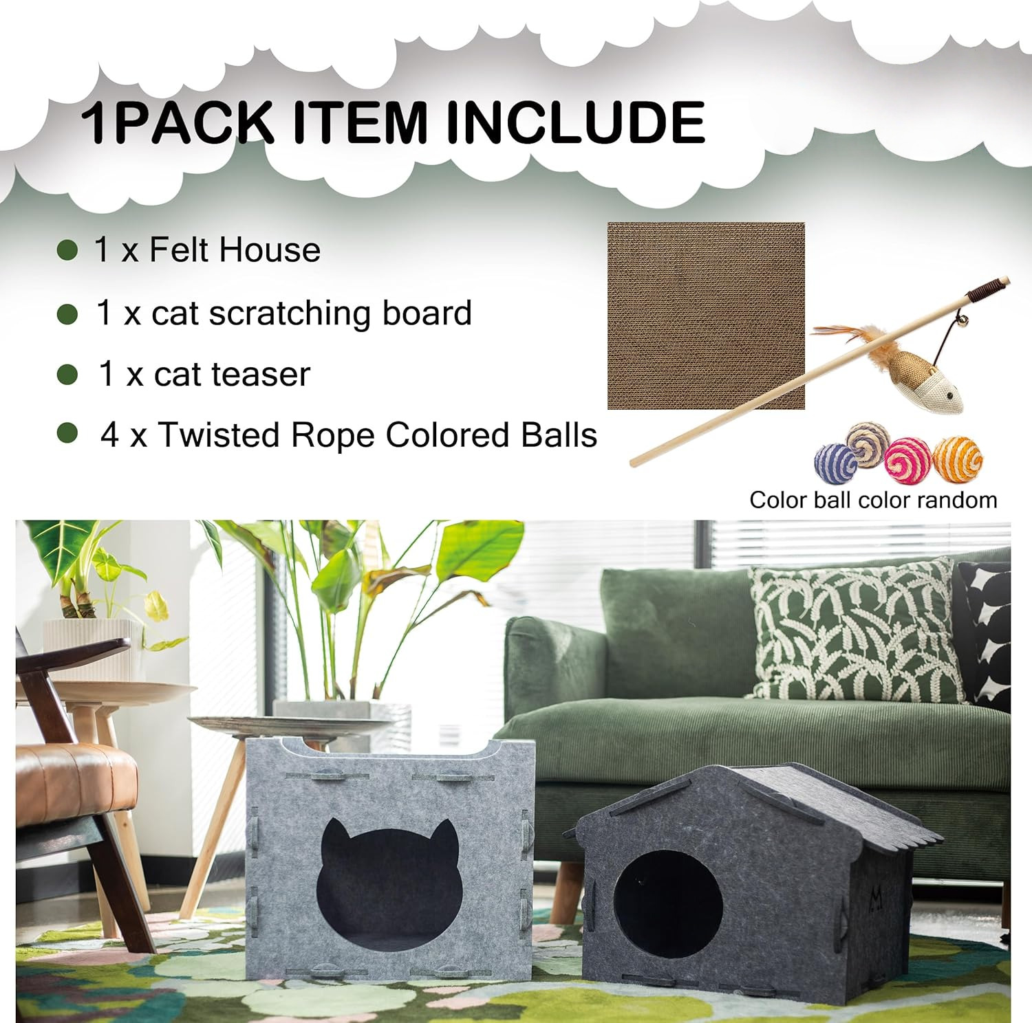 Cozy Cat Face Felt House Wavy Eave Roof Ventilated Pet Cave with Scratcher & Toys Indoor Cat Bed