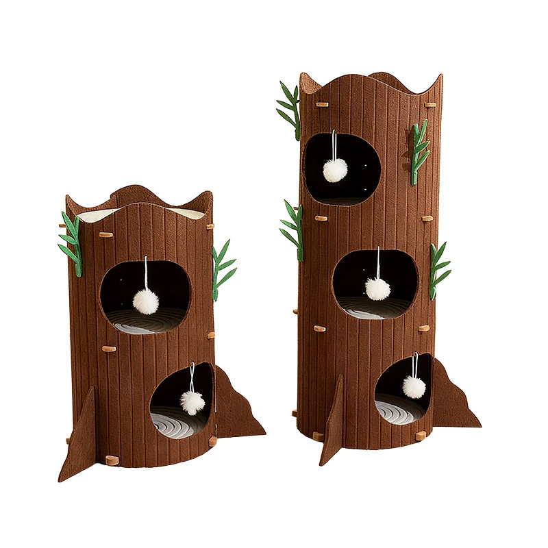 Felt Tree Trunk Cat House - Multi-Level Hideaway with Hanging Toys & Scratching Surface