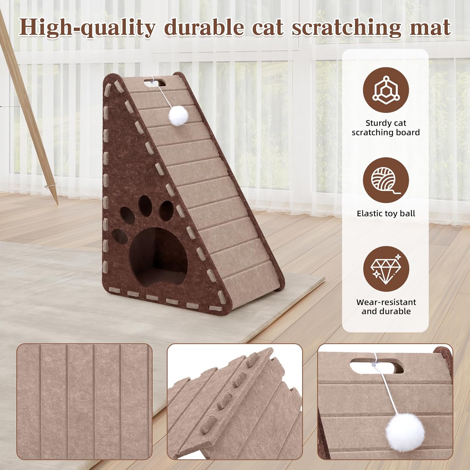 Mittimiya Triangular Felt Cat Scratcher with Toy Ball - Durable, Multi-Cat Playhouse, Cozy Cave & Scratch Mat Combo