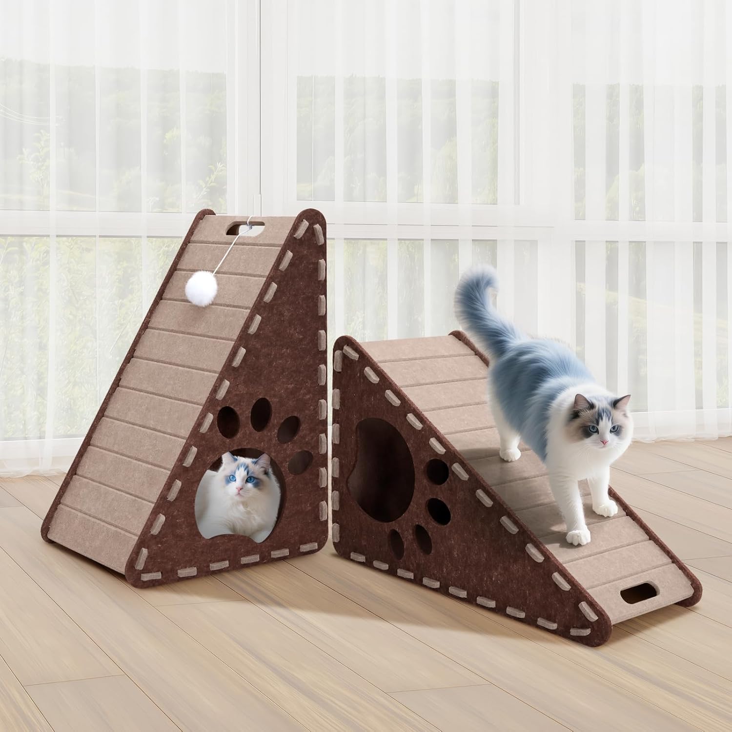 Mittimiya Triangular Felt Cat Scratcher with Toy Ball - Durable, Multi-Cat Playhouse, Cozy Cave & Scratch Mat Combo