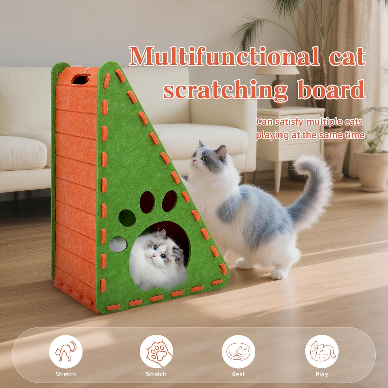 Mittimiya Triangular Felt Cat Scratcher with Toy Ball - Durable, Multi-Cat Playhouse, Cozy Cave & Scratch Mat Combo
