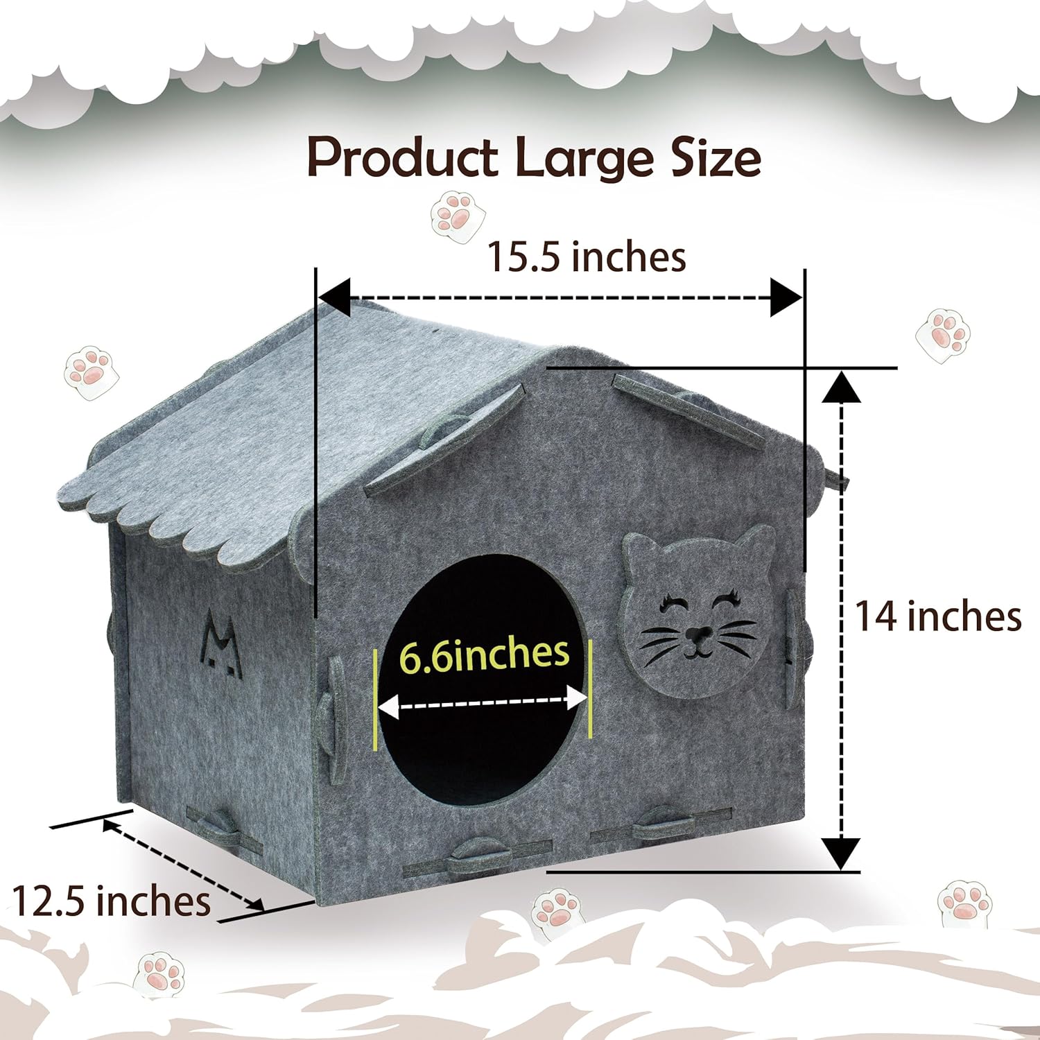 Cozy Cat Face Felt House Wavy Eave Roof Ventilated Pet Cave with Scratcher & Toys Indoor Cat Bed