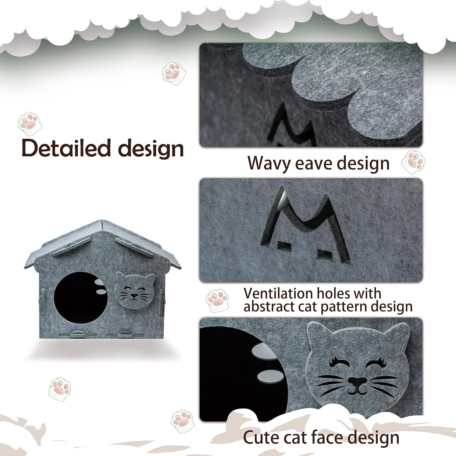 Cozy Cat Face Felt House Wavy Eave Roof Ventilated Pet Cave with Scratcher & Toys Indoor Cat Bed